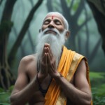 an old man in saffron robes praying