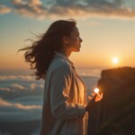 woman standing near a cliff at sunrise