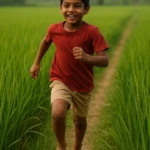 a child playing in a paddy field