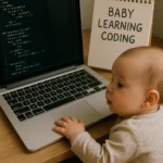 a cute baby playing a computer