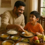child having food with father