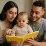 family reading book to kid