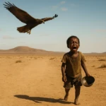 hungry child running away from vultures