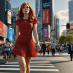 strong woman in red dress walking on road strong woman in red dress walking on road