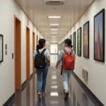 student walking in school hallway