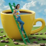 woman climbing a ladder on a coffee cup woman climbing a ladder on a coffee cup