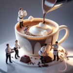 micro people working on a cup of coffee micro people working on a cup of coffee