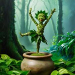 miniature leaf man figure dancing on a pot miniature leaf man figure dancing on a pot